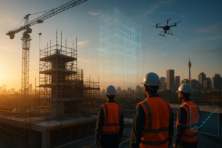 Construction workers with AI technology and drones on construction site